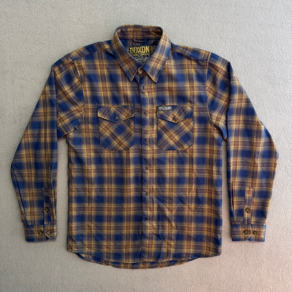 Dixxon Flannel Shirt Medium Men's Pearl Snap Long Sleeve Plaid Blue Yellow
